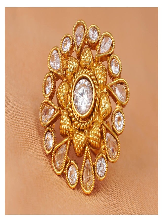 JFL - Jewellery for Less Traditional Floral Gold Plated & White Stone Studded Adjustable Finger Ring for Women & Girls.,Valentine - Image 2