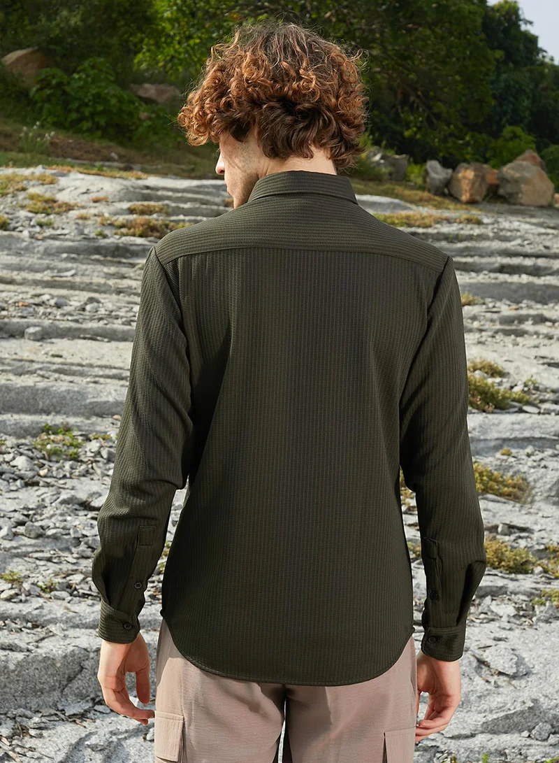 Campus Sutra Men's Army Green Ribbed-Woven Shirt