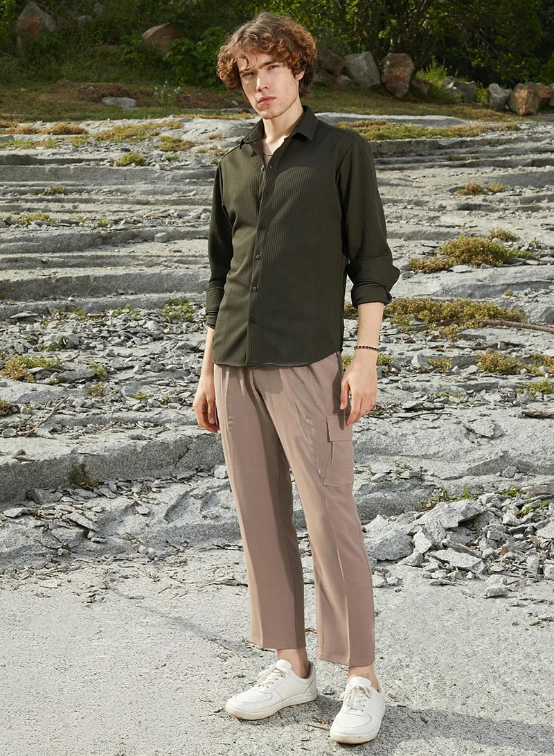 Campus Sutra Men's Army Green Ribbed-Woven Shirt