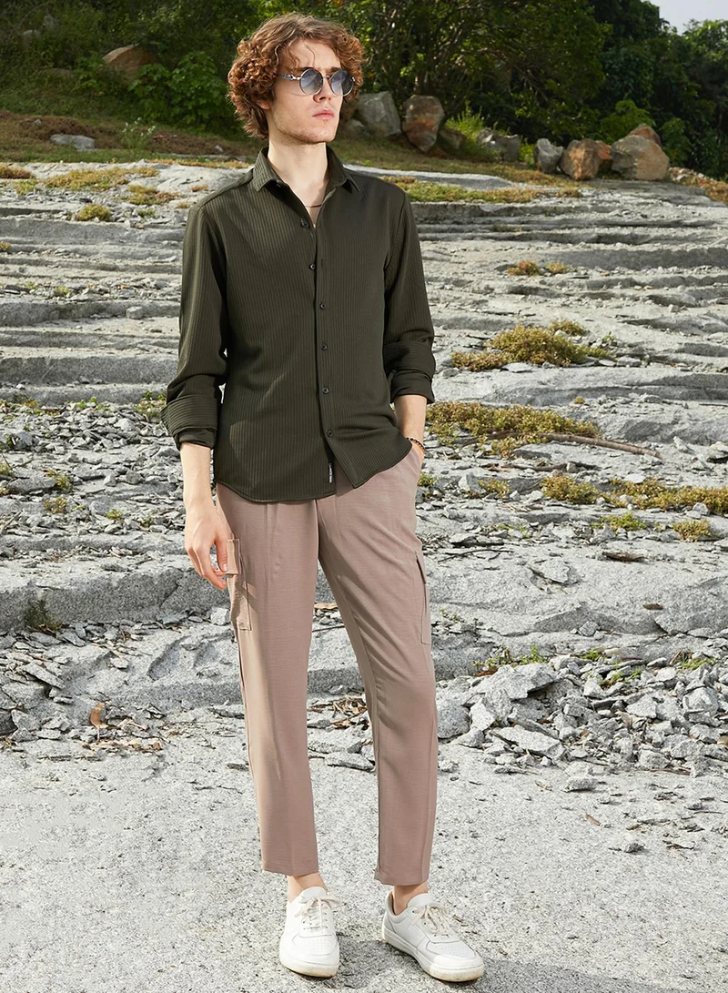 Campus Sutra Men's Army Green Ribbed-Woven Shirt