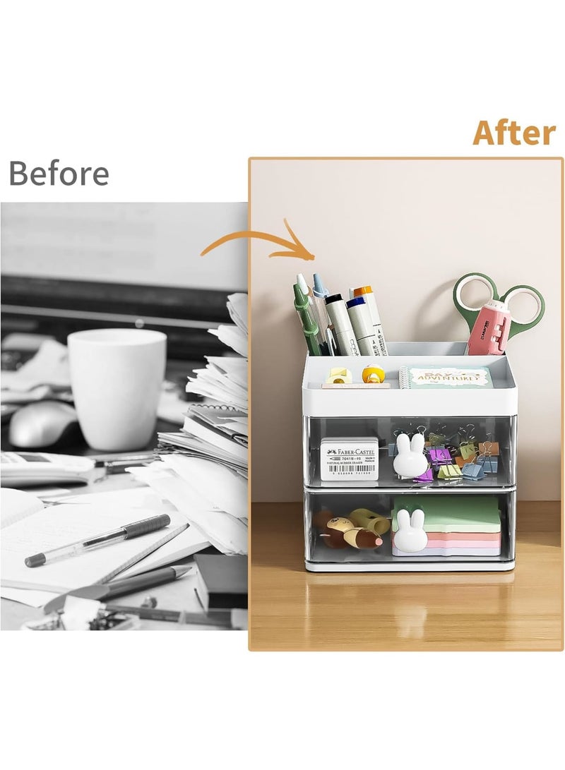 SOLARAE مجموعة منظم المكتب - حل تخزين متميز لمستلزمات المكتب والمنزل والمدرسة - تشمل 3 أقسام، 2 درج، حوامل أقلام، صينية ملاحظات لاصقة، ومنظم علامات - أبيض - Image 4