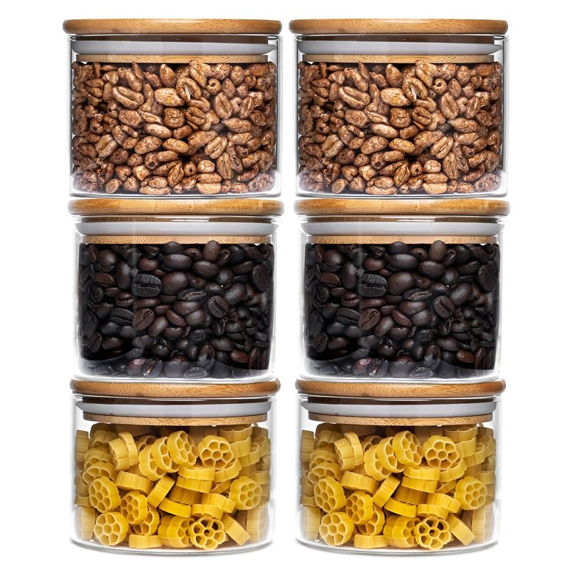 Allo 300ML Kitchen Storage Box Glass Jars With Wooden Lids - Borosilicate Glass Food Storage Containers Airtight Glass Jar for Tea, Coffee, Spice, Pulses, Masala (Round Glass Jar - Set of 6) - Image 1