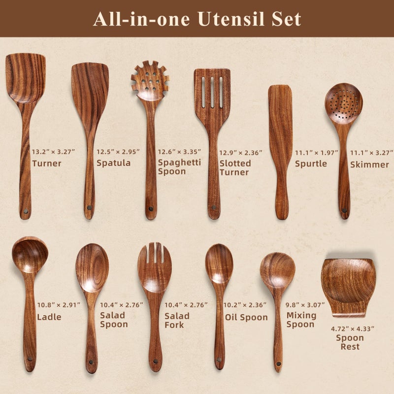 Snuvid Wooden Spoons for Cooking, 12 Pcs Teak Wood Kitchen Utensils Set with Spoon Rest - Nonstick Heat Resistant Wooden Cooking Utensils, Natural Healthy Spatula Set for Pots and Pans - Image 2