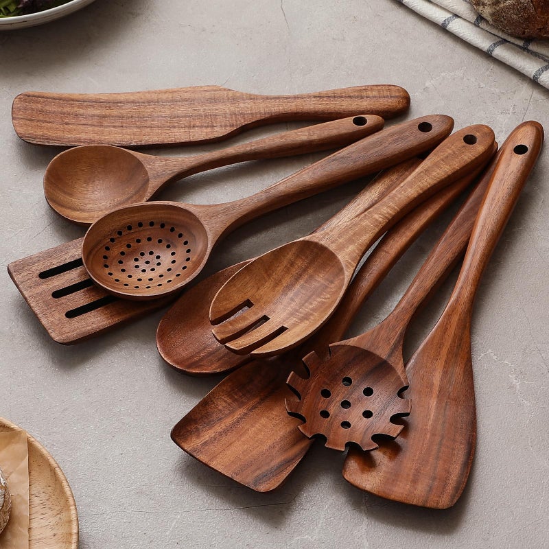 Snuvid Wooden Spoons for Cooking, 12 Pcs Teak Wood Kitchen Utensils Set with Spoon Rest - Nonstick Heat Resistant Wooden Cooking Utensils, Natural Healthy Spatula Set for Pots and Pans - Image 4