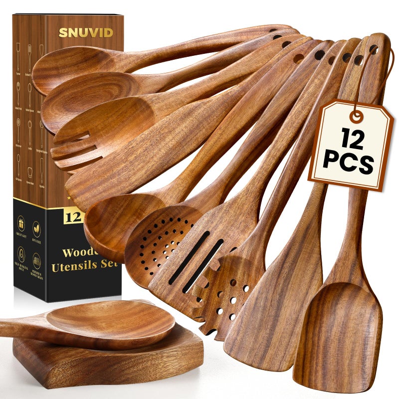 Snuvid Wooden Spoons for Cooking, 12 Pcs Teak Wood Kitchen Utensils Set with Spoon Rest - Nonstick Heat Resistant Wooden Cooking Utensils, Natural Healthy Spatula Set for Pots and Pans - Image 1