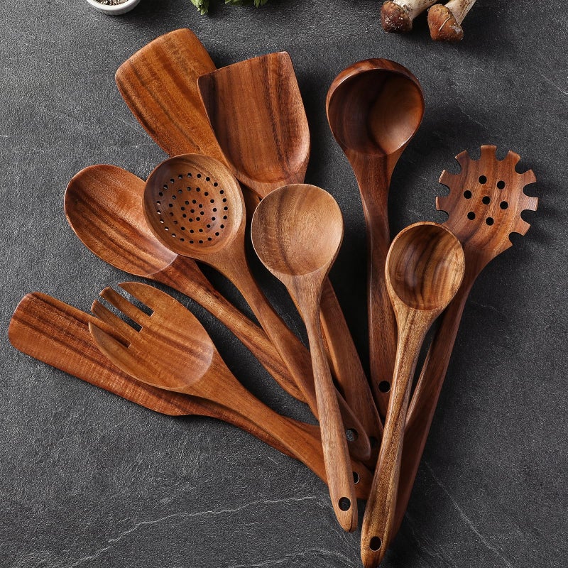 Snuvid Wooden Spoons for Cooking, 12 Pcs Teak Wood Kitchen Utensils Set with Spoon Rest - Nonstick Heat Resistant Wooden Cooking Utensils, Natural Healthy Spatula Set for Pots and Pans - Image 3