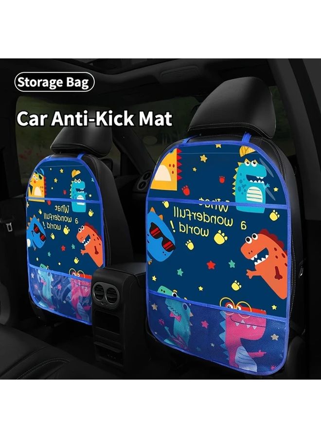 Blue Car Seat Back Anti Kick Mat with Dinosaur Starry Night Design Easy Clean Storage Pockets - Image 2