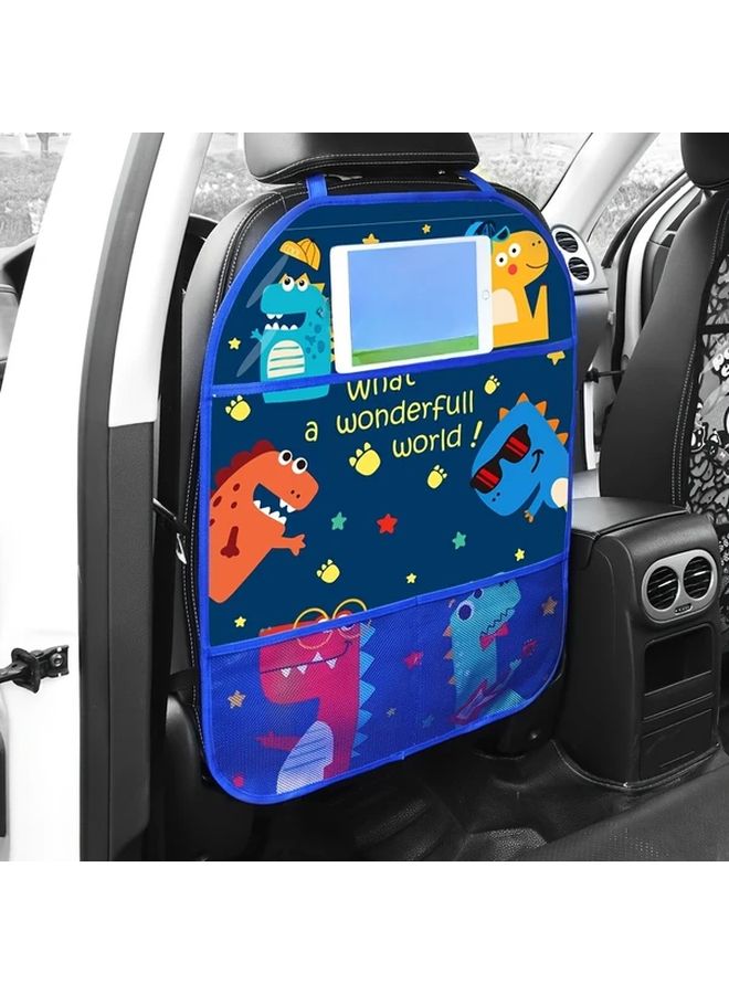 Blue Car Seat Back Anti Kick Mat with Dinosaur Starry Night Design Easy Clean Storage Pockets - Image 1