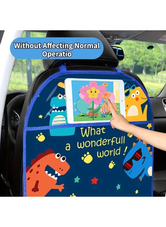 Blue Car Seat Back Anti Kick Mat with Dinosaur Starry Night Design Easy Clean Storage Pockets - Image 4