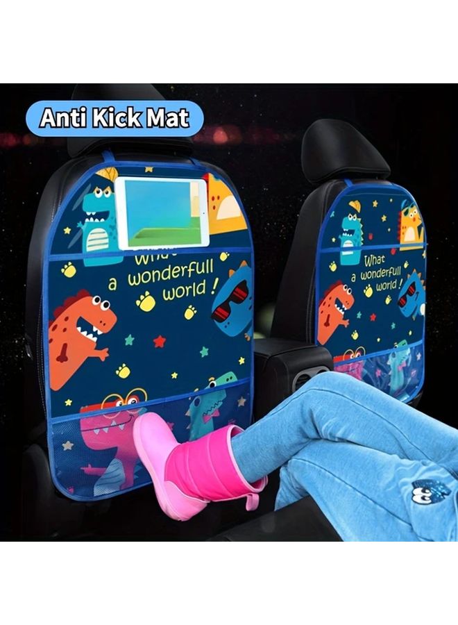Blue Car Seat Back Anti Kick Mat with Dinosaur Starry Night Design Easy Clean Storage Pockets - Image 5