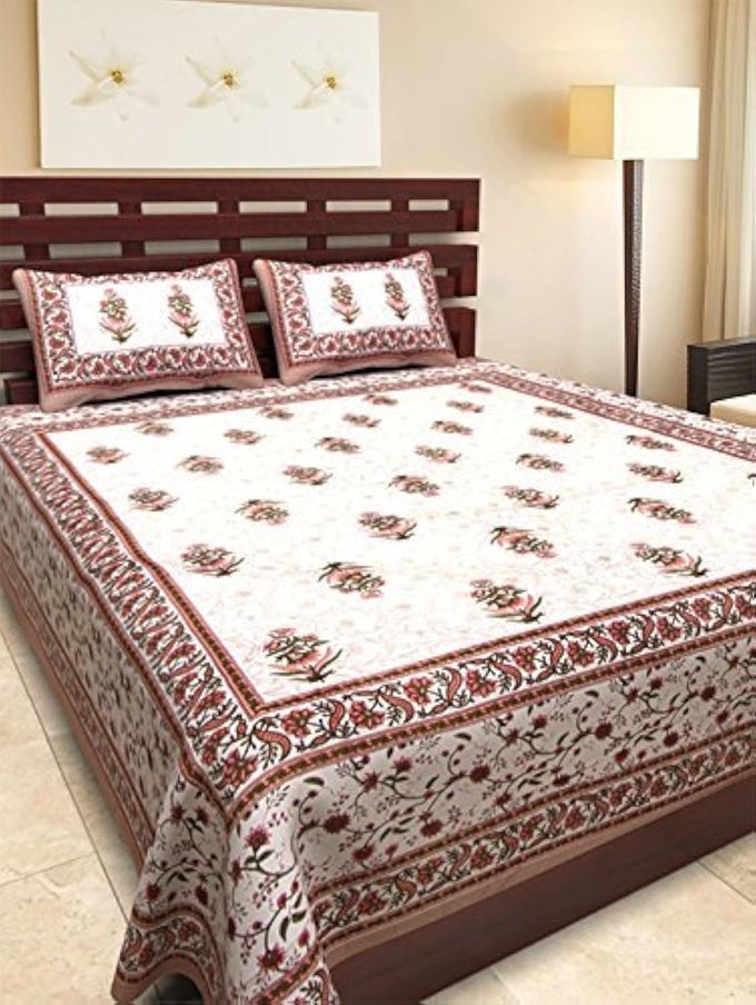 QUEEN SIZE DOUBLE BED SHEET WITH PILLOW COVERS PURE COTTON TRADITIONAL PRINTED BEDCOVER BROWN QUEEN