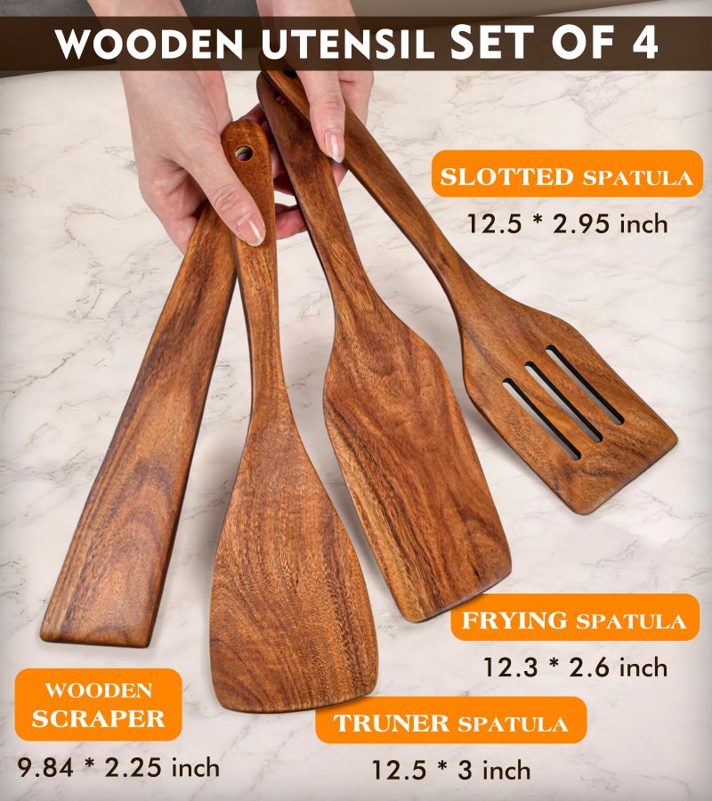 MemoGem 4Pcs Wooden Spatula for Cooking, Acacia Wooden Spatula for Kitchen Use, Nonstick Cookware Safe Utensils Set including Turner, Slotted Turner, Paddle and Scraper, Ideal Cooking Utensils Gift Set - Image 2