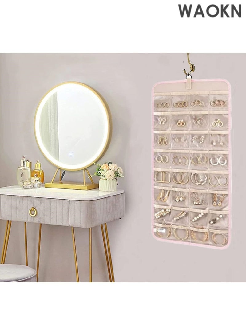 WAOKN Pendant jewelry storage roll, portable double-sided jewelry rack with metal hook. Suitable for storing earrings, necklaces, bracelets and other items. (Pink) - Image 2