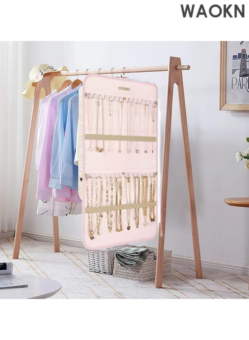 WAOKN Pendant jewelry storage roll, portable double-sided jewelry rack with metal hook. Suitable for storing earrings, necklaces, bracelets and other items. (Pink) - Image 3