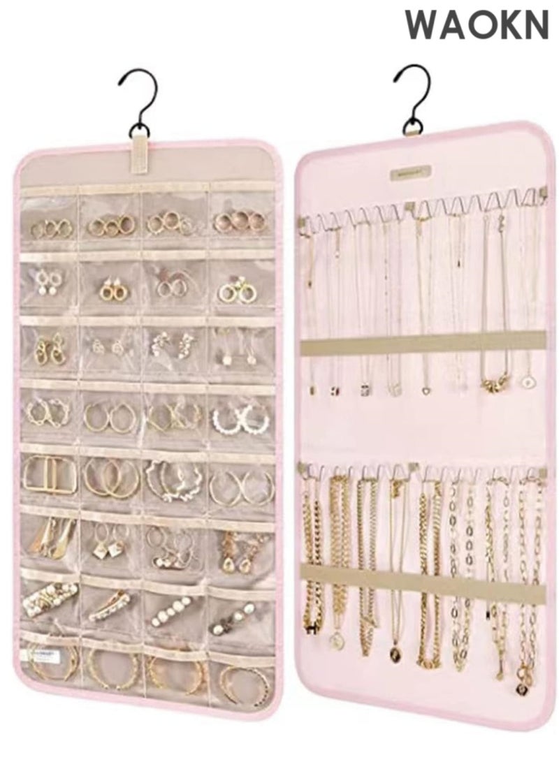 WAOKN Pendant jewelry storage roll, portable double-sided jewelry rack with metal hook. Suitable for storing earrings, necklaces, bracelets and other items. (Pink) - Image 1