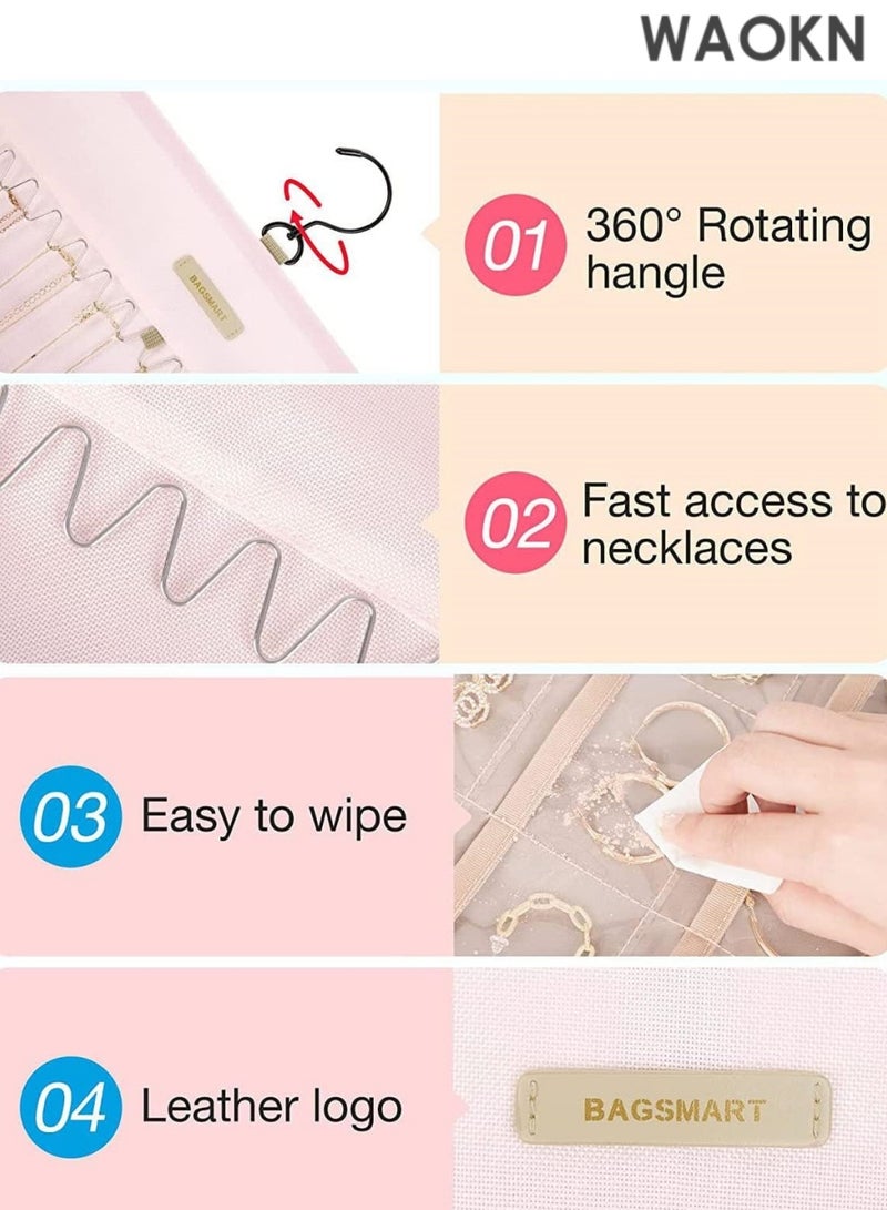 WAOKN Pendant jewelry storage roll, portable double-sided jewelry rack with metal hook. Suitable for storing earrings, necklaces, bracelets and other items. (Pink) - Image 5