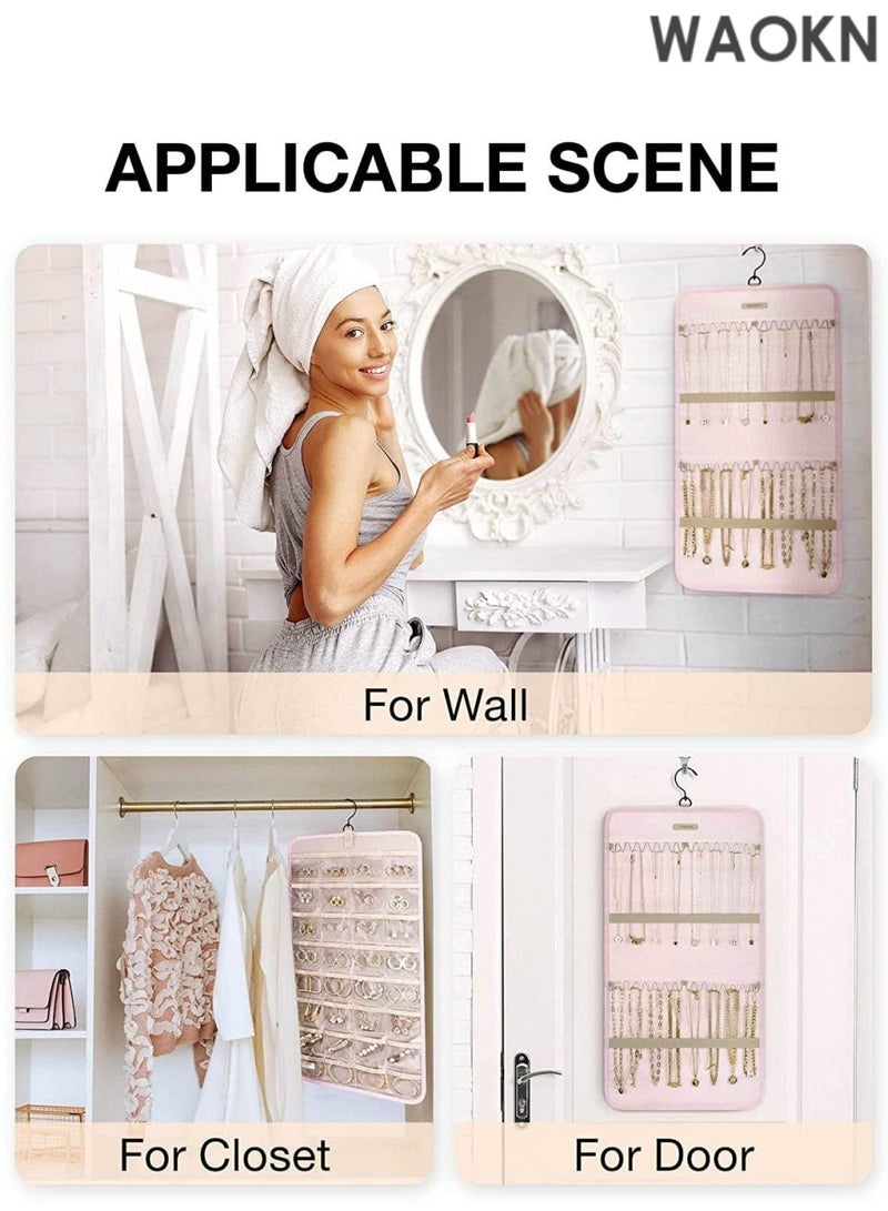 WAOKN Pendant jewelry storage roll, portable double-sided jewelry rack with metal hook. Suitable for storing earrings, necklaces, bracelets and other items. (Pink) - Image 4