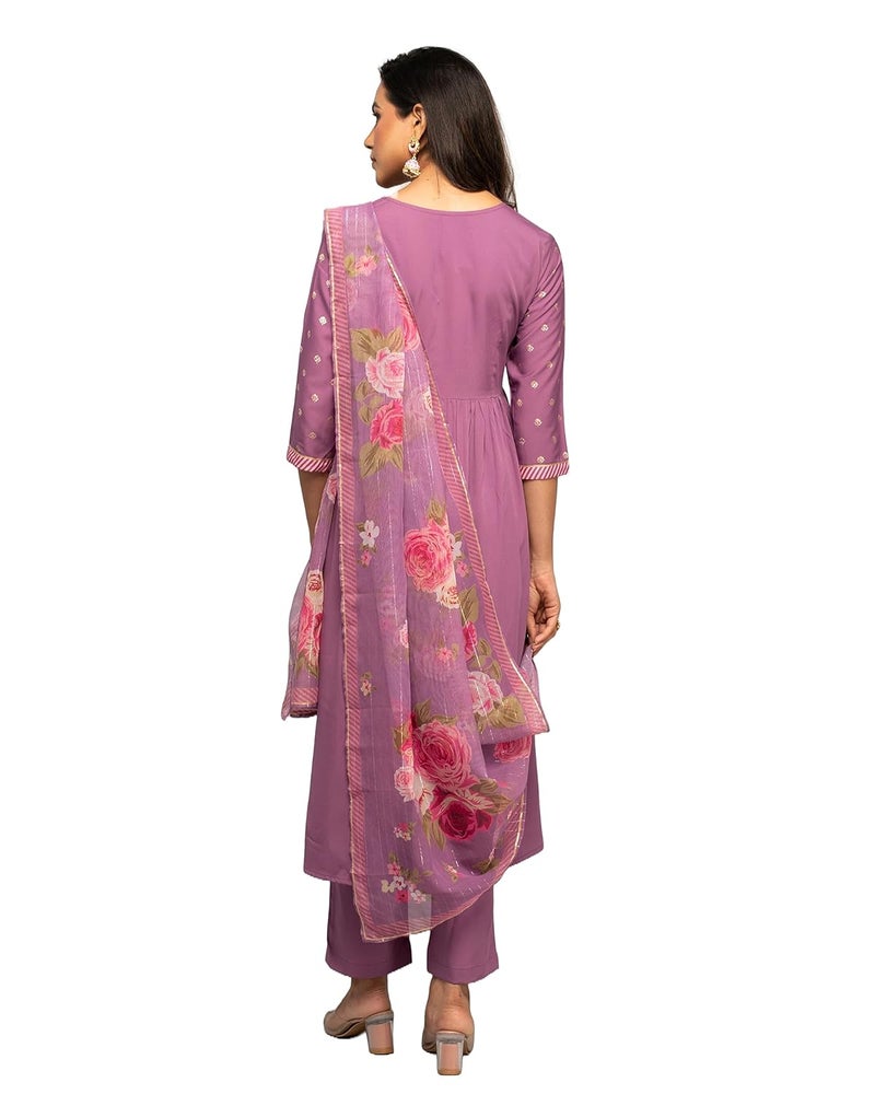 FIORRA Women's Lavender Crepe A-line Kurta with Pant and Dupatta - Image 4