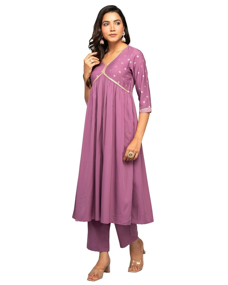 FIORRA Women's Lavender Crepe A-line Kurta with Pant and Dupatta - Image 3