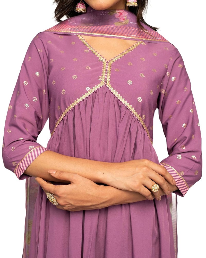 FIORRA Women's Lavender Crepe A-line Kurta with Pant and Dupatta - Image 5