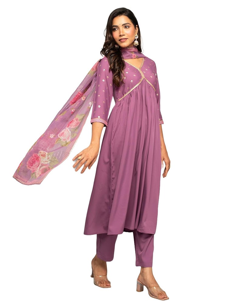 FIORRA Women's Lavender Crepe A-line Kurta with Pant and Dupatta - Image 2