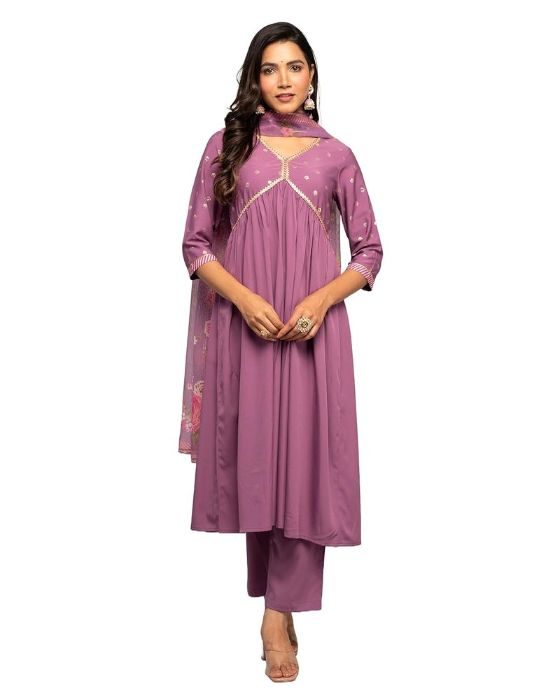 FIORRA Women's Lavender Crepe A-line Kurta with Pant and Dupatta - Image 1