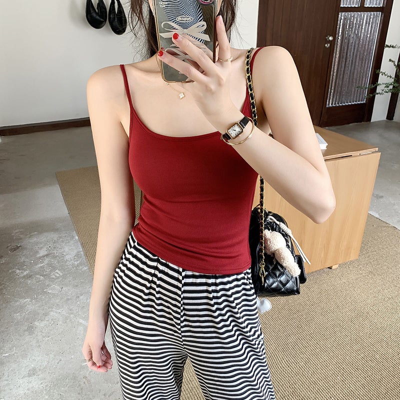 Women's Red Brightening Built-in Bra Camisole with Padded Bra, Slim Fit Summer Anti-Exposure Tank Top - Image 1