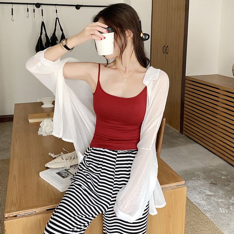 Women's Red Brightening Built-in Bra Camisole with Padded Bra, Slim Fit Summer Anti-Exposure Tank Top - Image 2