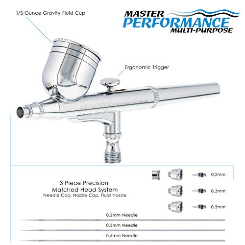 Master Airbrush G222 Multi-Purpose Dual-Action Gravity Feed Airbrush Gun Set for Model Painting, Graphics, Cake & Fine Art - Air Brush Gun Kit with 3 Nozzle Sets (0.2, 0.3, 0.5mm) & 1/3 oz Cup - Image 2