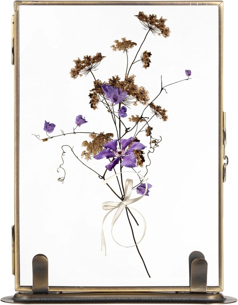 Antique Floating Glass Frame with Metal Stand, Tabletop Double Glass Holder for Pressed Plants & Photos, Decorative Office Display - Image 1