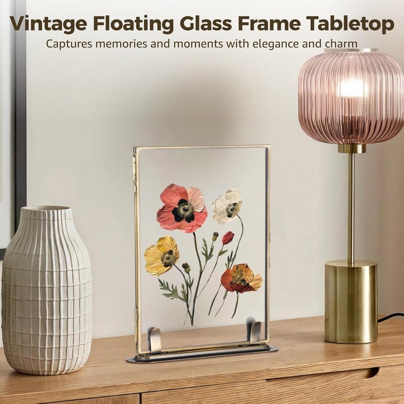 Antique Floating Glass Frame with Metal Stand, Tabletop Double Glass Holder for Pressed Plants & Photos, Decorative Office Display - Image 2