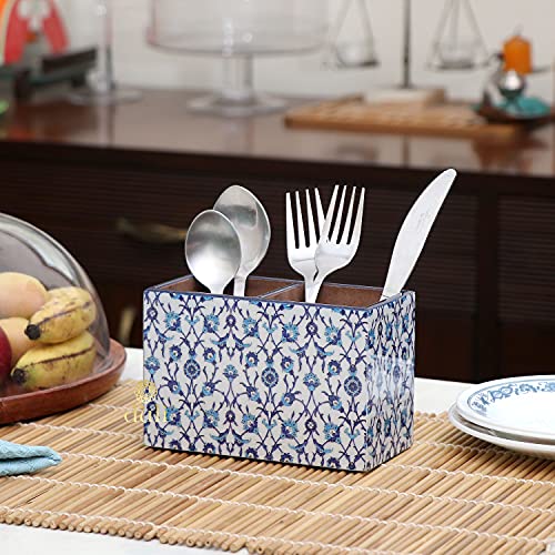 DULI Multipurpose Stand, Cutlery Holder, Spoon Stand, Table Organizer with 2 Sections, Chammach Stand (10cm x 15cm) (BlueMoroccan) Engineered Wood,Utensils - Image 2