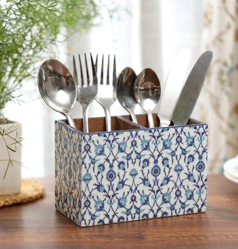 DULI Multipurpose Stand, Cutlery Holder, Spoon Stand, Table Organizer with 2 Sections, Chammach Stand (10cm x 15cm) (BlueMoroccan) Engineered Wood,Utensils - Image 1