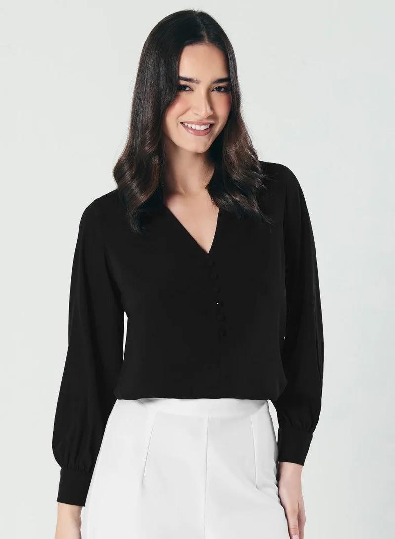 Zigzag Slender V Neck Black Chiffon Top