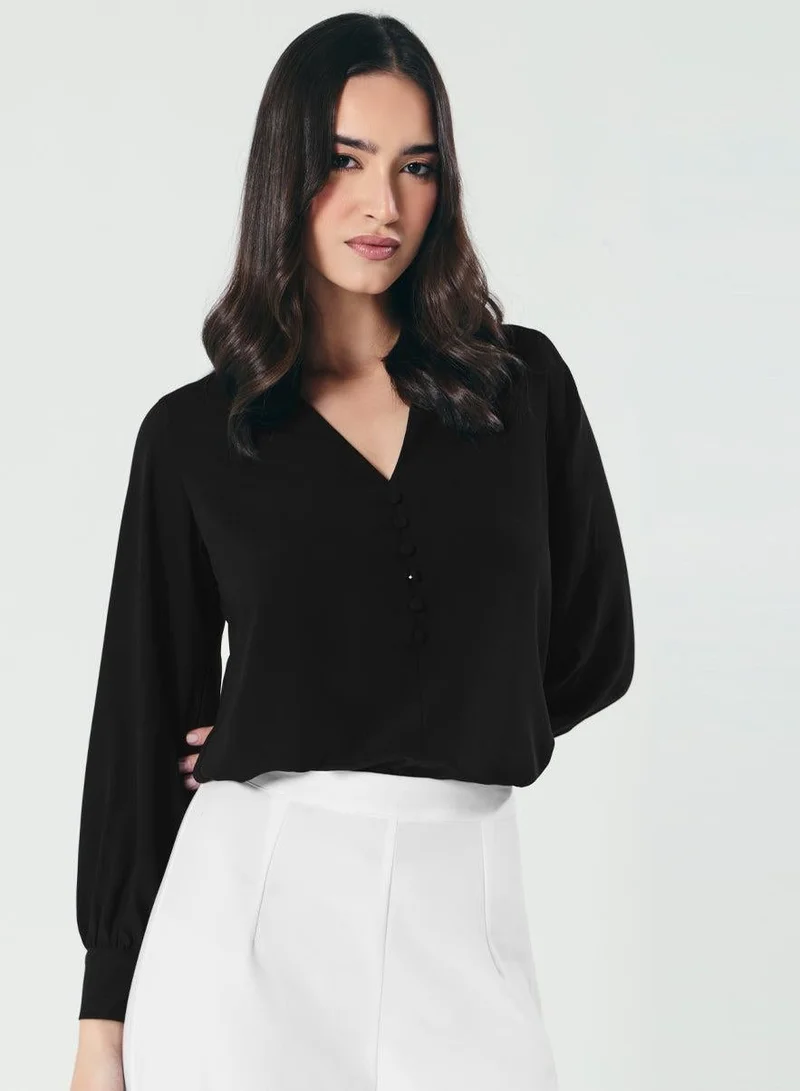 Zigzag Slender V Neck Black Chiffon Top