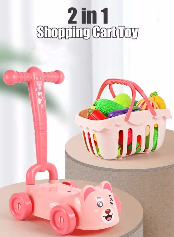 Kids Shopping Cart Boy Toy Set Mini Small Store Shopping Cart Toy Mini Grocery Supermarket Shopping Trolley Pretend Toy For Shopping Trolley Puzzle Baby Plastic (Pink) - Image 1