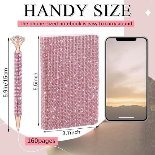 Resholder Rhinestone Notebook Pen Sets Glitter Pocket Notebook Crystal Pens Mini Diamond Journal Hardcover Bling Diary Office Desk Accessories for Women Birthday Gift(Rhinestone,A6,Pink) - Image 2