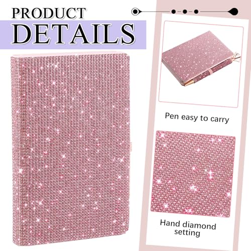 Resholder Rhinestone Notebook Pen Sets Glitter Pocket Notebook Crystal Pens Mini Diamond Journal Hardcover Bling Diary Office Desk Accessories for Women Birthday Gift(Rhinestone,A6,Pink) - Image 3