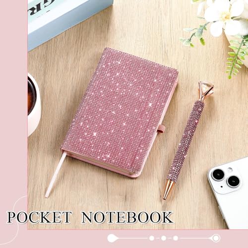 Resholder Rhinestone Notebook Pen Sets Glitter Pocket Notebook Crystal Pens Mini Diamond Journal Hardcover Bling Diary Office Desk Accessories for Women Birthday Gift(Rhinestone,A6,Pink) - Image 5