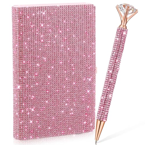 Resholder Rhinestone Notebook Pen Sets Glitter Pocket Notebook Crystal Pens Mini Diamond Journal Hardcover Bling Diary Office Desk Accessories for Women Birthday Gift(Rhinestone,A6,Pink) - Image 1