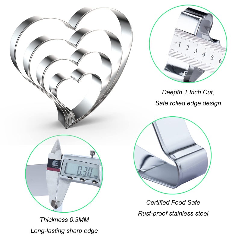 QAAQS Heart Cookie Cutter Set Large/Small/Mini - 5 Inch, 4 Inch, 3 Inch, 2 Inch - 4 Piece Valentine's Heart Shaped Cookie Cutters Shapes Biscuit Molds for Baking - Stainless Steel - Image 3