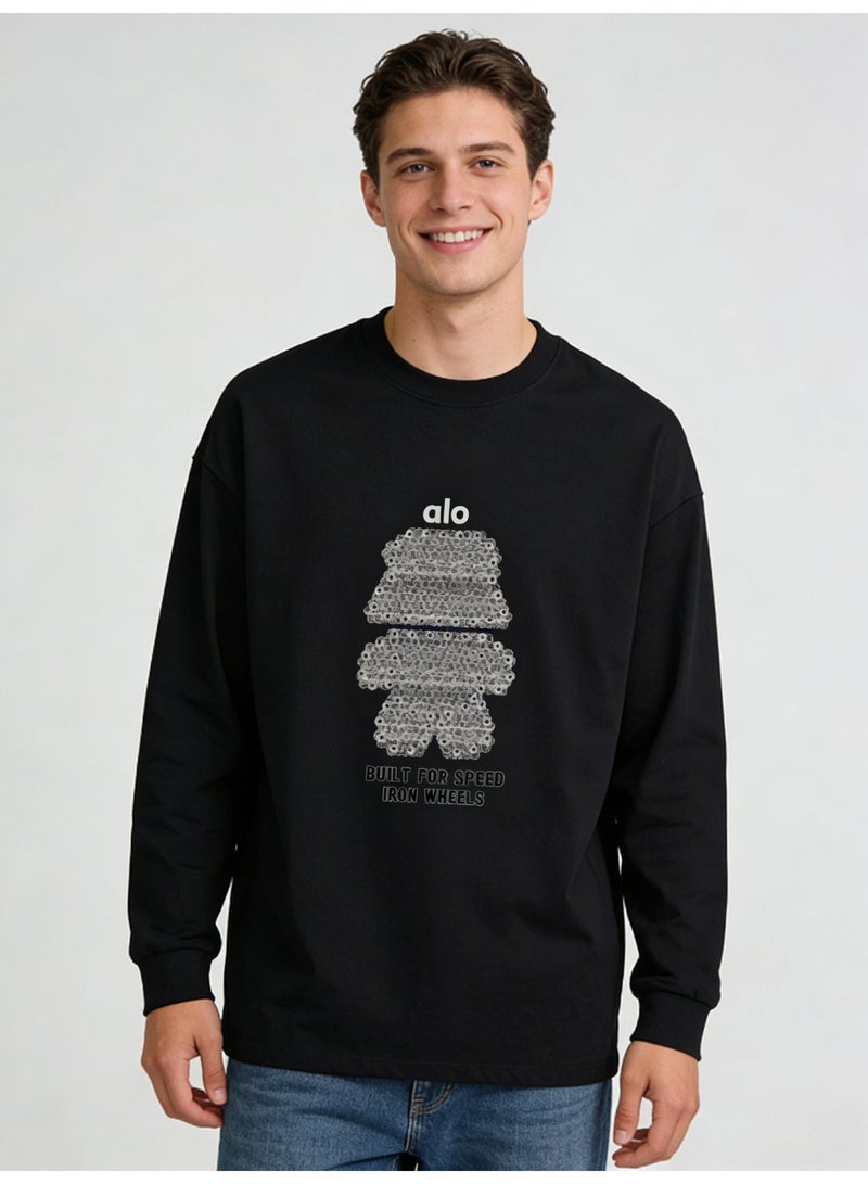Alo World Men’s Black “Built for Speed Iron Wheels” Graphic Long-Sleeve T-Shirt - Image 1