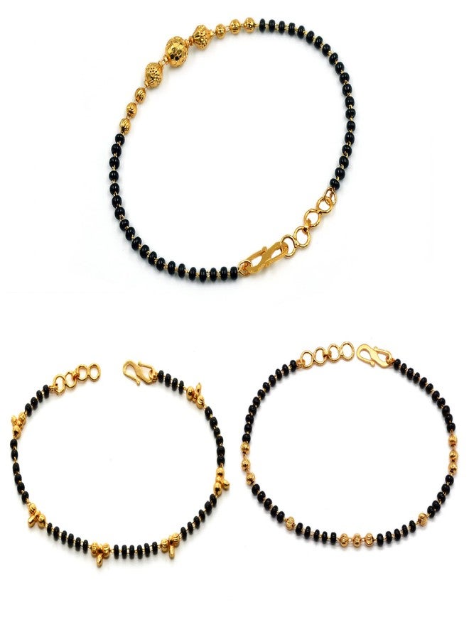 JHB Golden Gold-Plated Brass Bracelet 3 pis Combo for Women (Black Bead Hand Mangalsutra Bracelet) - Image 2