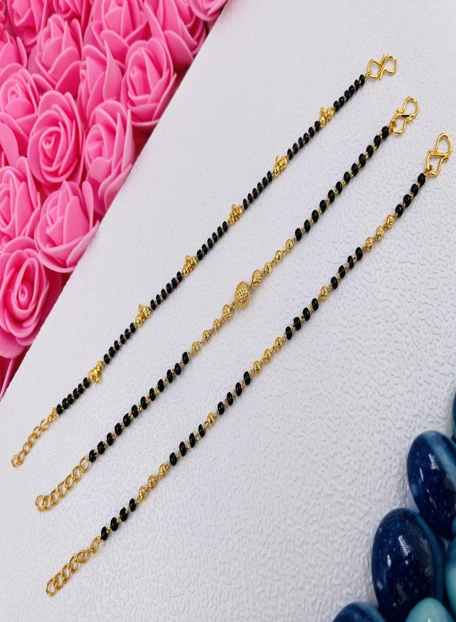 JHB Golden Gold-Plated Brass Bracelet 3 pis Combo for Women (Black Bead Hand Mangalsutra Bracelet) - Image 5