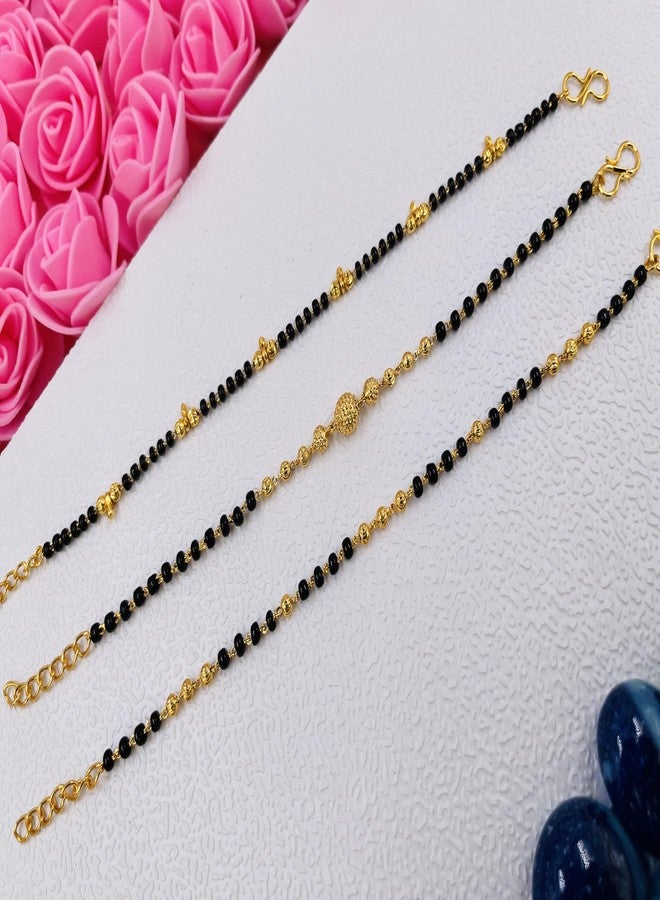 JHB Golden Gold-Plated Brass Bracelet 3 pis Combo for Women (Black Bead Hand Mangalsutra Bracelet) - Image 4