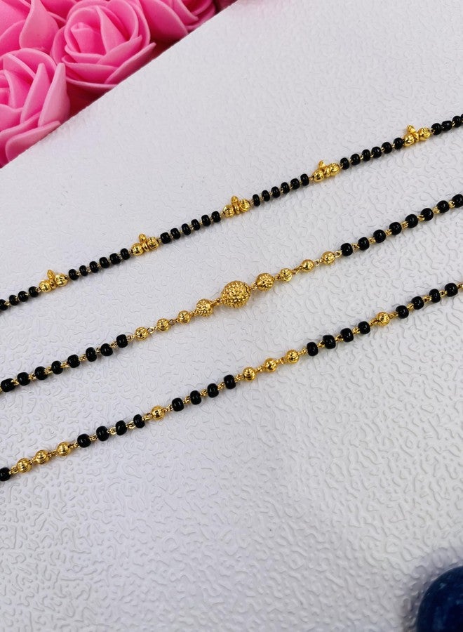 JHB Golden Gold-Plated Brass Bracelet 3 pis Combo for Women (Black Bead Hand Mangalsutra Bracelet) - Image 3