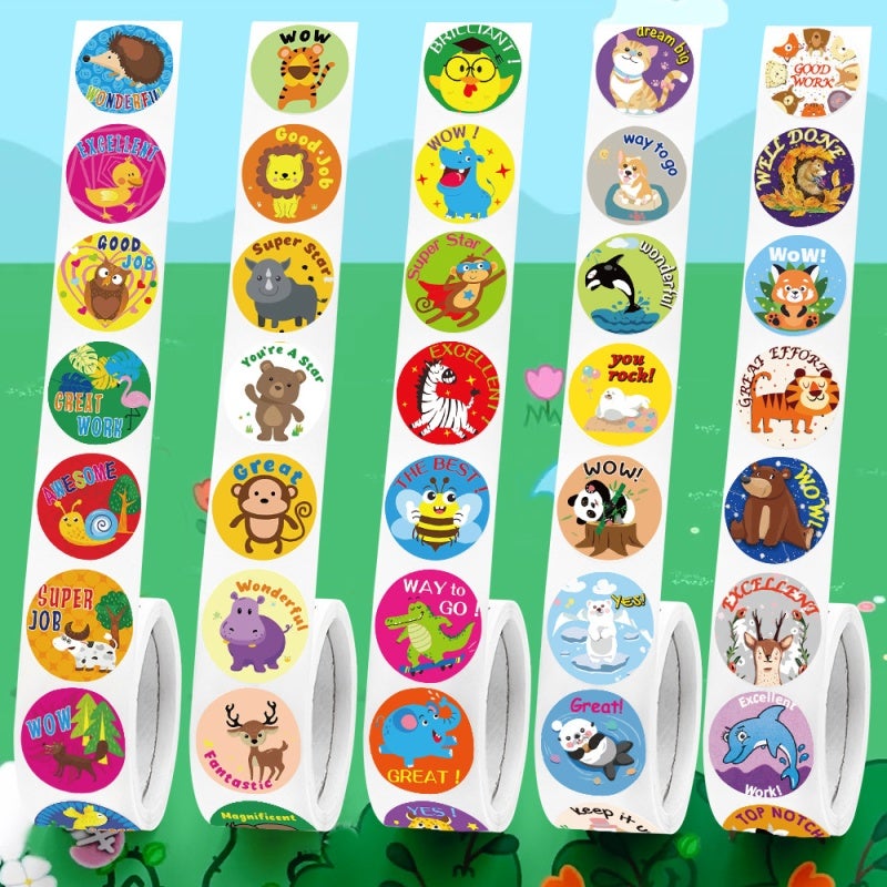 Reward Stickers: 1000pcs 5 Rolls 25mm Diameter High-Quality Art Paper - Cute Animal Designs With Motivating Words for Children, School Teachers And Classroom Learning - Image 4