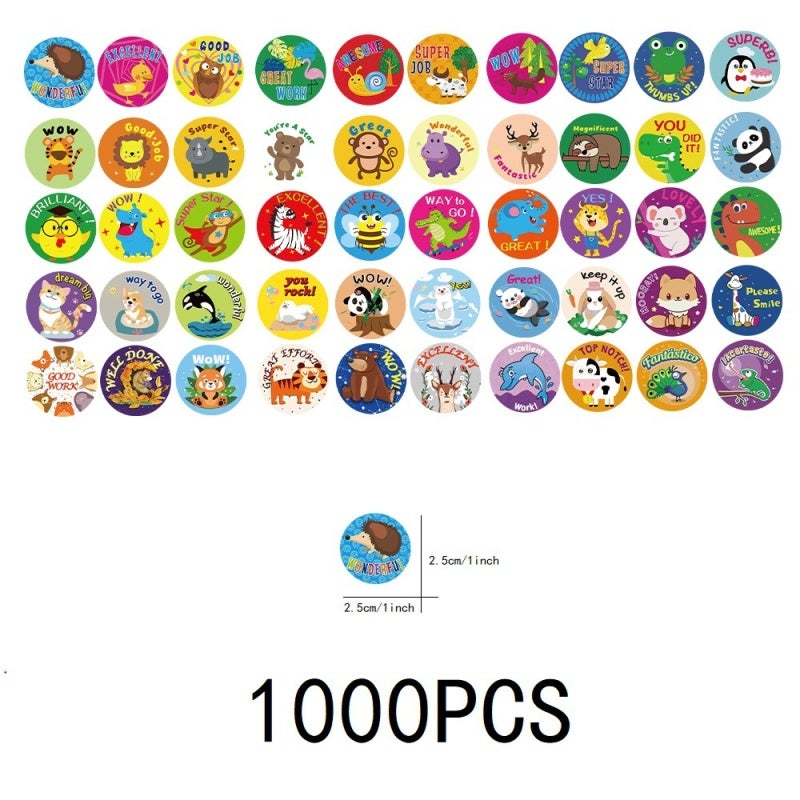 Reward Stickers: 1000pcs 5 Rolls 25mm Diameter High-Quality Art Paper - Cute Animal Designs With Motivating Words for Children, School Teachers And Classroom Learning - Image 3