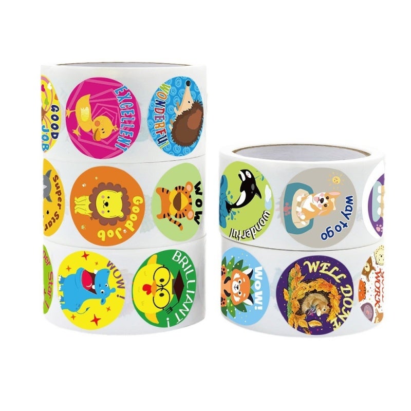 Reward Stickers: 1000pcs 5 Rolls 25mm Diameter High-Quality Art Paper - Cute Animal Designs With Motivating Words for Children, School Teachers And Classroom Learning - Image 2