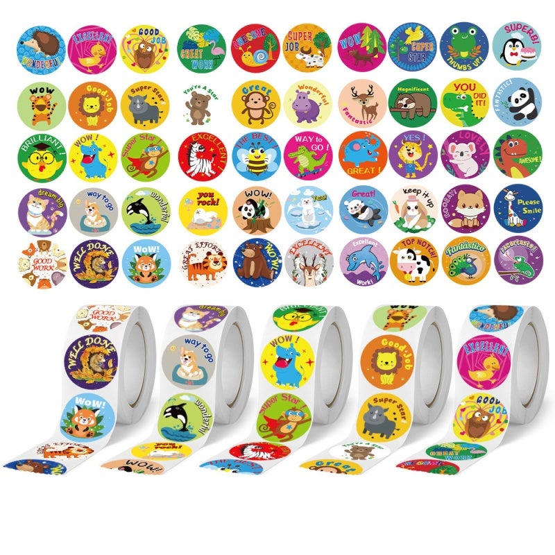 Reward Stickers: 1000pcs 5 Rolls 25mm Diameter High-Quality Art Paper - Cute Animal Designs With Motivating Words for Children, School Teachers And Classroom Learning - Image 1